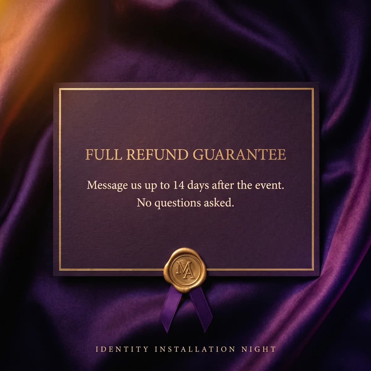 Full refund guarantee card, gold lettering on deep violet with a wax seal