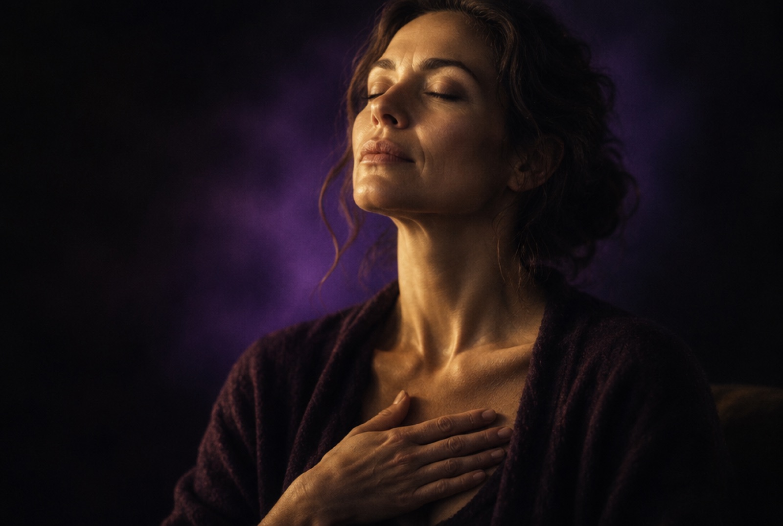 A woman sitting with her eyes closed and one hand at her chest, lit in violet and gold.