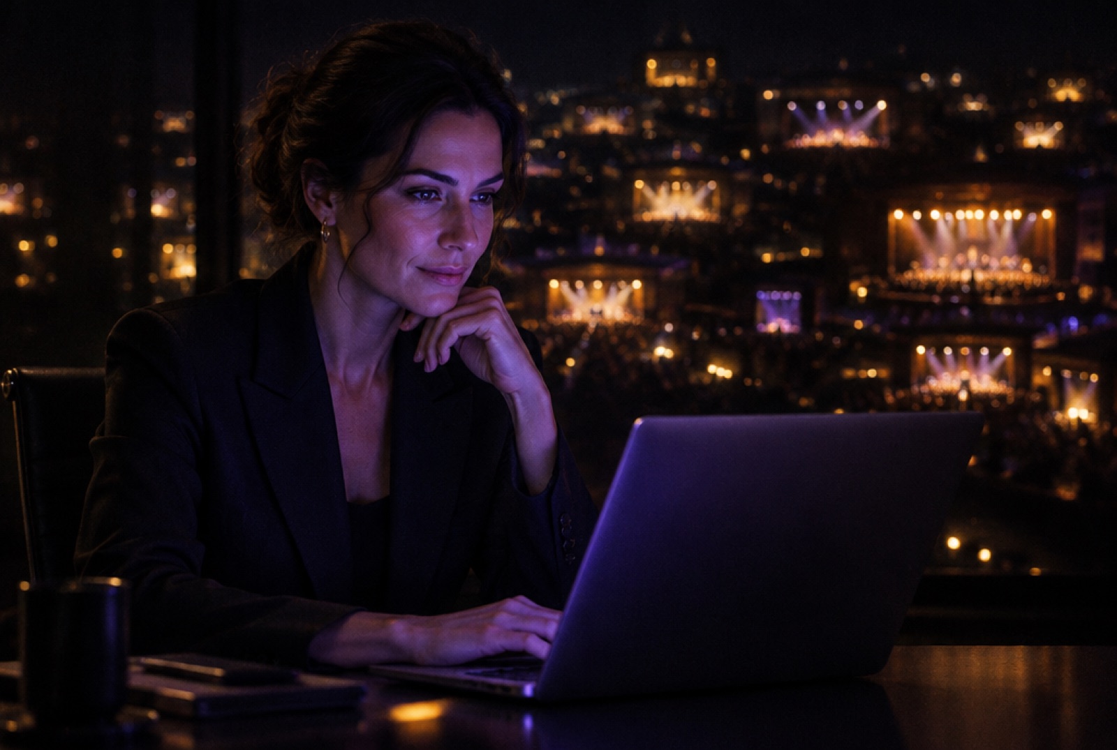 A woman at her desk at night, the glow of her screen on her face, distant stage lights behind her.