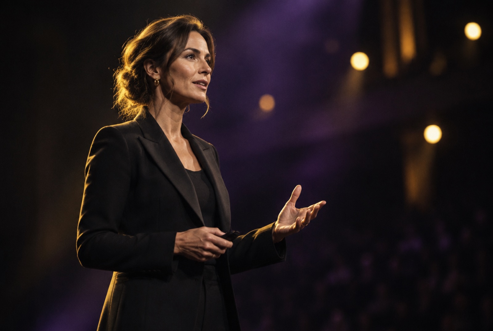 A woman mid-sentence on a stage, warm light on her shoulders, the hall dark behind her.